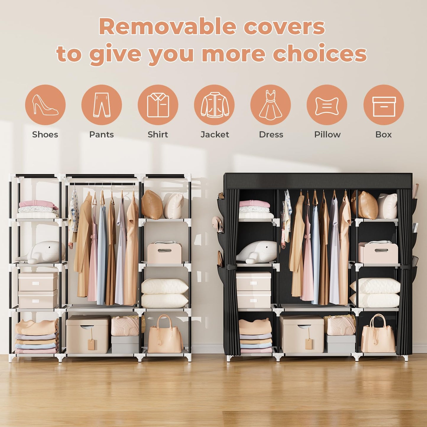 VTRIN Portable Closet Wardrobe for Hanging Clothes 57.3 Inch Large Capacity Clothes Rack with Cover, 10 Storage Organizer Shelves, 1 Hanging Rods and 6 Pockets, Free Standing Closet for Bedroom, Black