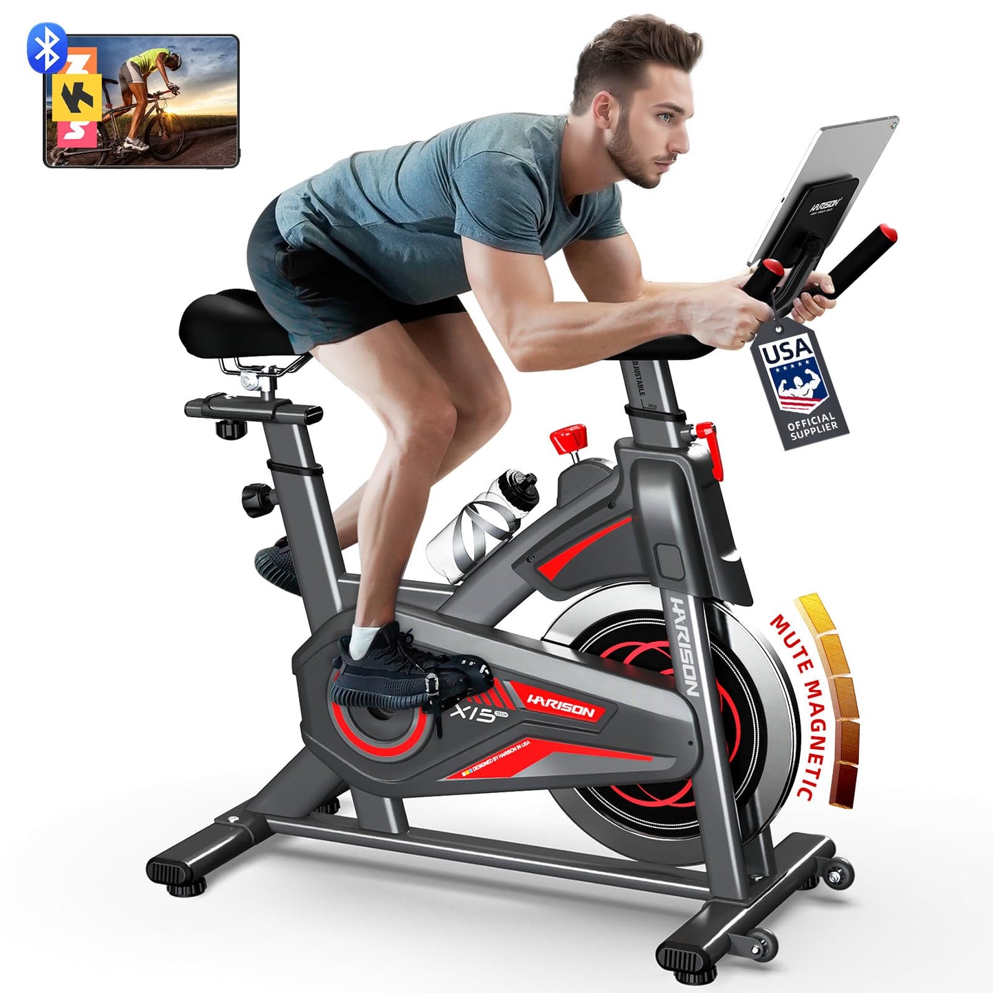 HARISON Exercise Bike, Stationary Bike for Home 380 lb Weight Capacity, Magnetic Workout Bike with Bluetooth App, Brake Pad Indoor Cycling Bike with Tablet Mount & Comfortable Seat Cushion