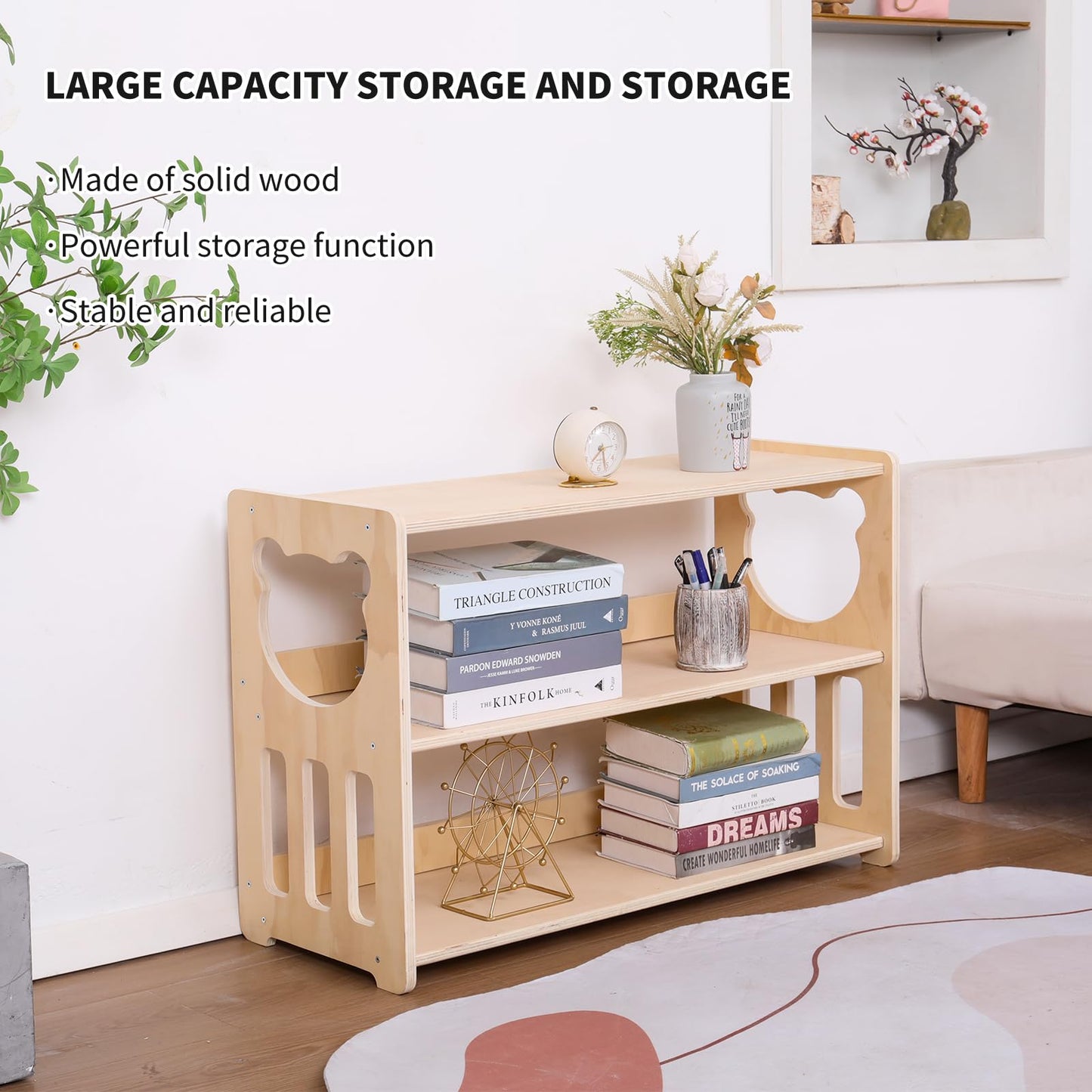 Montessori children's bookshelves, toy shelves, wooden storage and organization shelves, sturdy and safe kindergarten classroom furniture bookcases （3Tier）