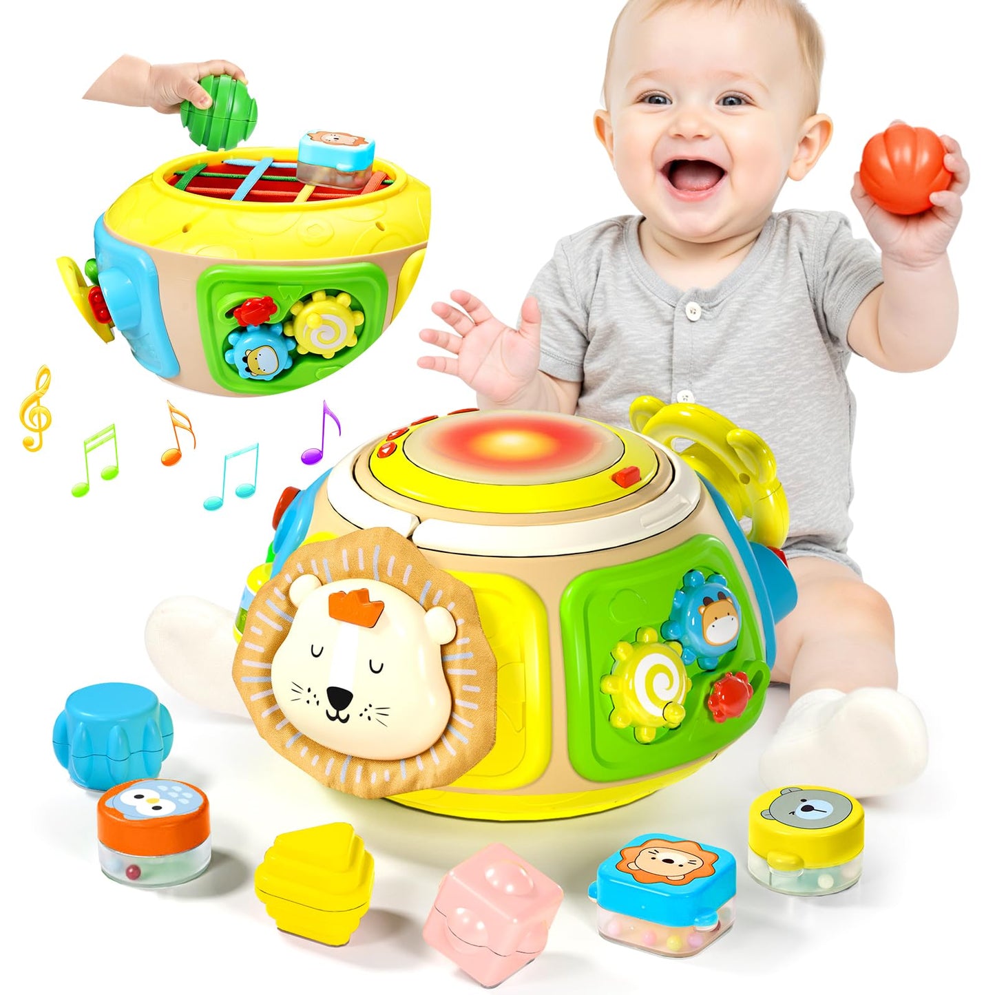 7-in-1 Activity Cube Drum Montessori Toys for Baby 18+ Months, Busy Toys for Toddlers with 9 Sensory Shape Blocks, Music & Light Educational Toys Christmas Birthday Gifts for Kids Boys Girls