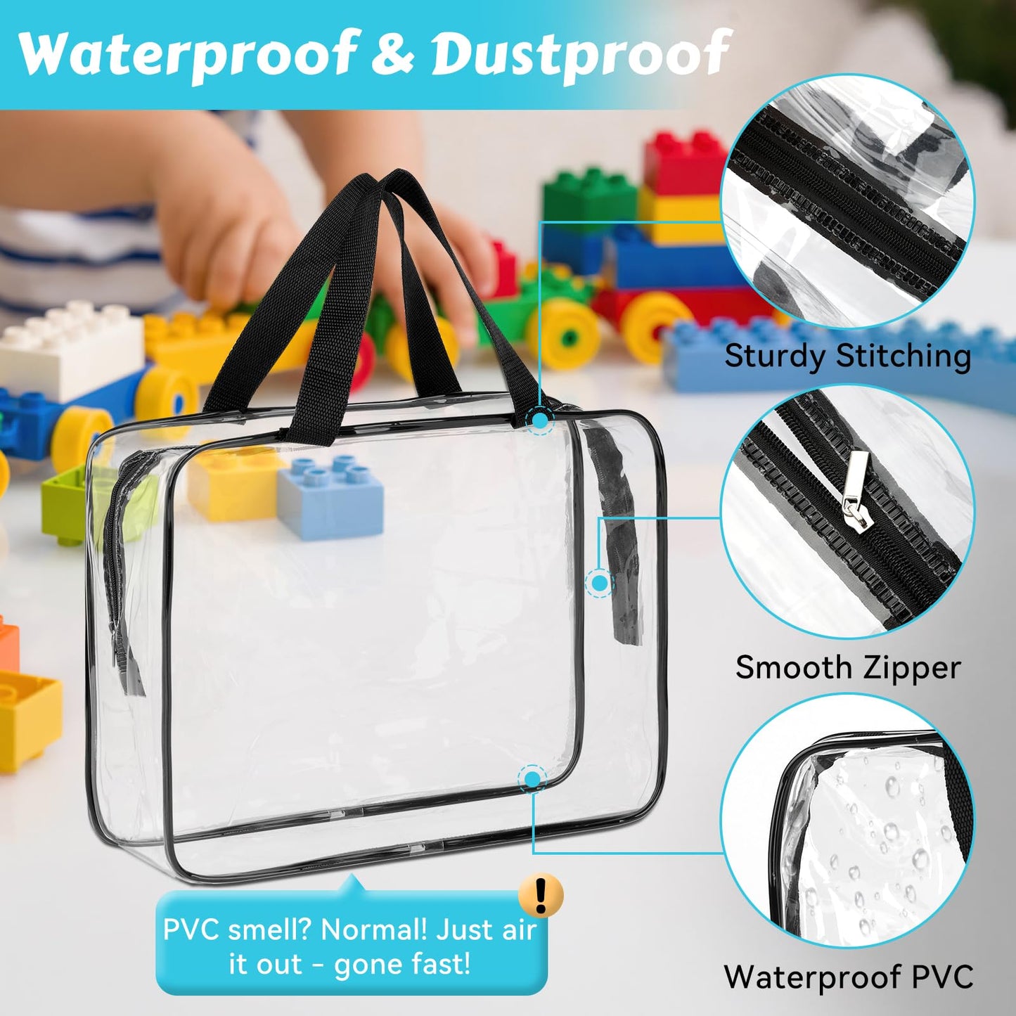 4 Pack Toy Storage Bags, Clear PVC Toy Organizer with Zipper, Large Black Waterproof Reusable Toy Bags with Labels for Puzzles, Building Blocks, Board Game, Stationery, Kids Books
