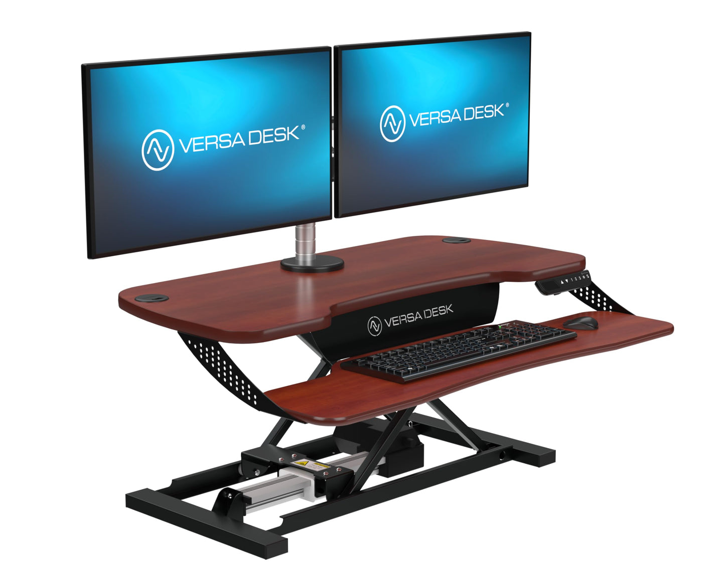 VERSADESK® PowerPro™ Elite 36” x 24" – App Controlled Electric Standing Desk Converter w/USB Charging Port. Raises up to 20”. Fully Assembled – Includes LED Lights. Supports 80 lbs. – Cherry