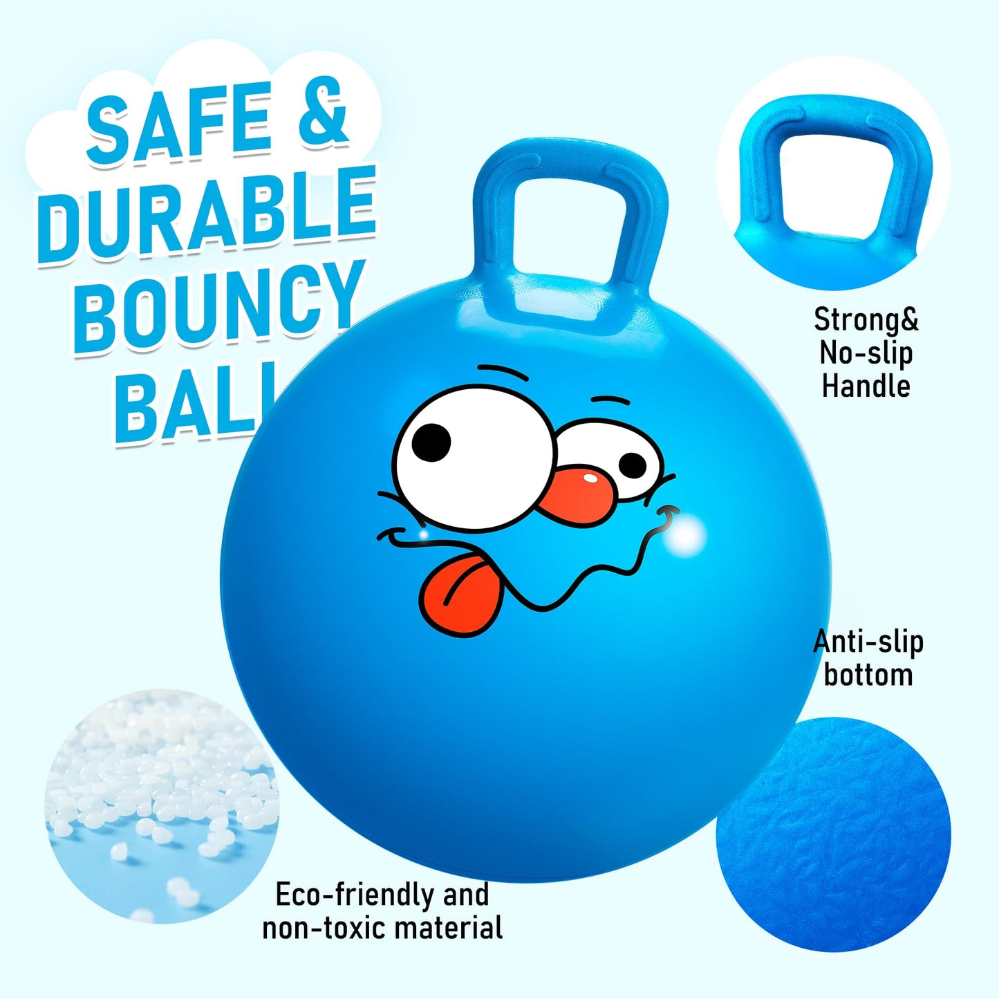U&C Planet Hopper Ball, 22 inches Bouncy Ball with Handle for Kids Age 7-12, Hoppity Hop Sit and Bounce Jumping Hopping Toy with Pump & Gift Box, Great Gift for Birthday Christmas, Blue Emoji
