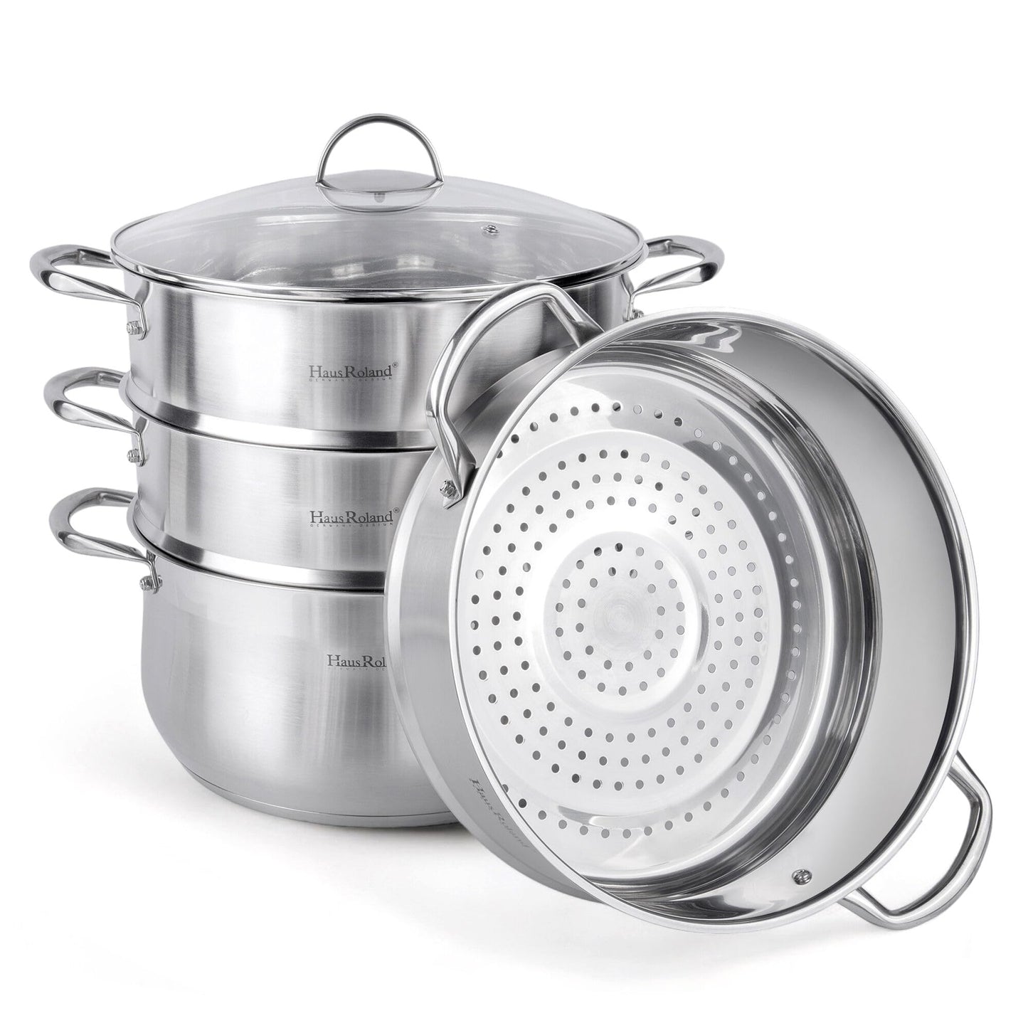 3-Tier Stainless Steel Steamer Pot with Lid Dumpling Steamer Pot for Cooking (3-tiered), Multi-Layer Cookware Pot, Food Vegetable Cooking Pan with Stackable Pan Insert for Vegetable, Dumpling, Meat, Dishwasher safe, Induction Safe (Silver, 10.56-qt. (10 L