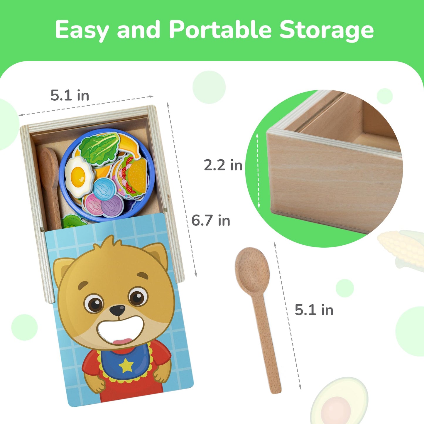 Bimi Boo Wooden Feeding Toy - Montessori Pretend Play Food Set for Toddlers 1-4+ - Fine Motor Skills Scooping Toy for Kids (27 Various Foods, a Spoon, Bowl)