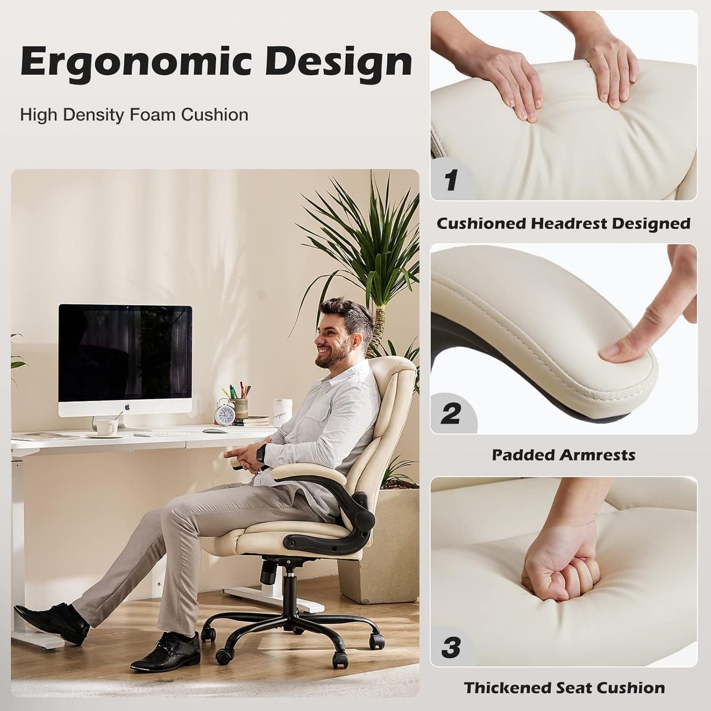 DUMOS Office Chair Set of 2 - Ergonomic Executive Computer Desk Chairs with Adjustable Flip-up Armrest, Swivel Task Chair with Lumbar Support, Strong Metal Base, PU Leather, Cream White