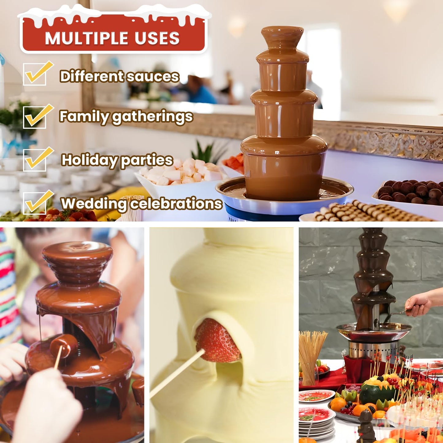 Flyseago Commercial Chocolate Fountain 4 Tiers 7Lbs Large Chocolate Waterfall Stainless Steel Chocolate Heating Melting Fondue Machine Easy to Assemble for Cheese BBQ Sauce Ranch Digital-control