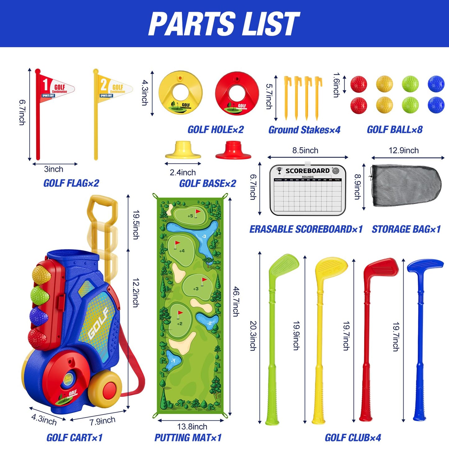 HYES Toddler Golf Set 2-4 Years, Kids Golf Club with 8 Balls, 4 Plastic Clubs, Putting Mat, Scoreboard, Storage Bag, Indoor Outdoor Game with Golf Cart Sport Toy Gift for Baby Boys Girls Age 3-5, Blue