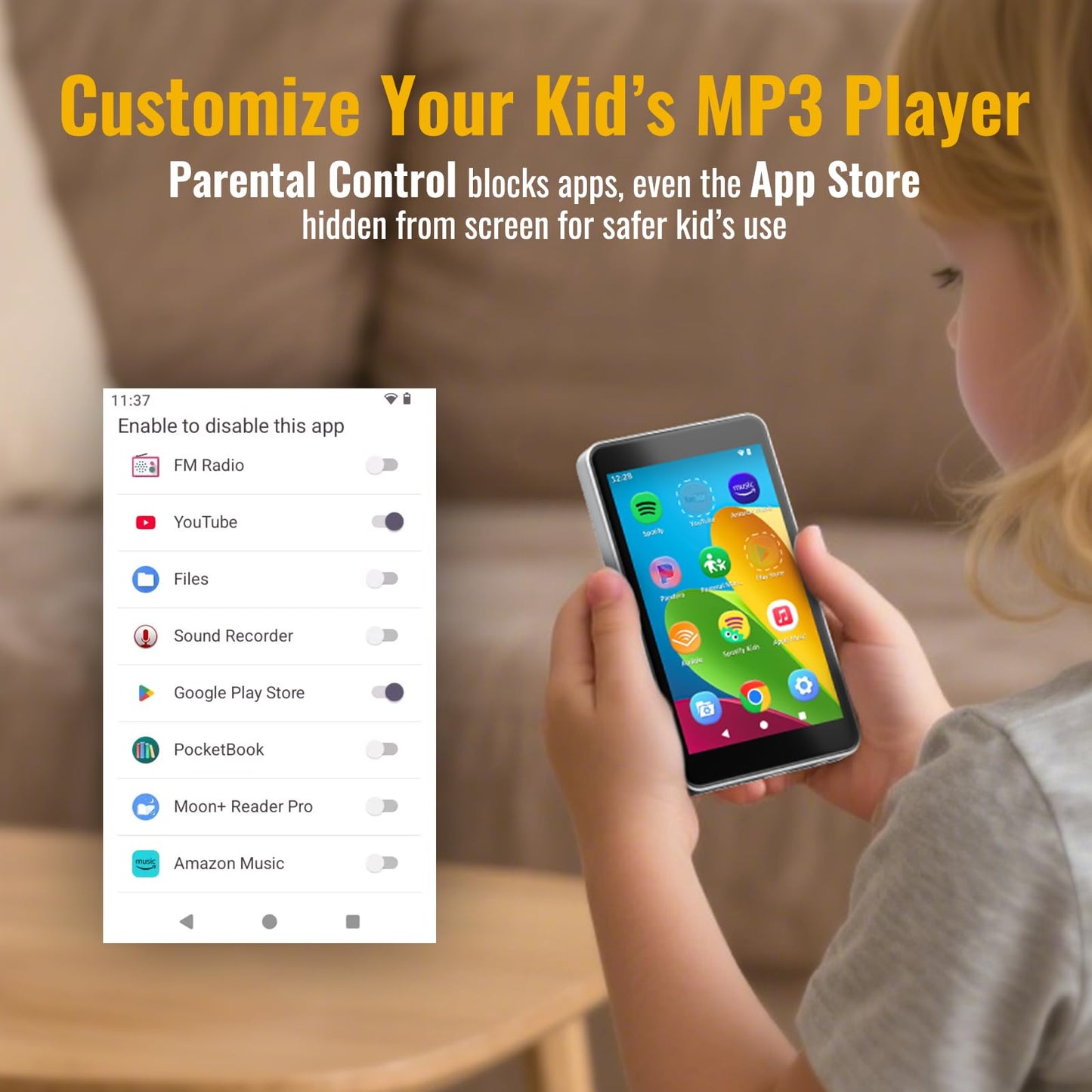 MP3 Player with Spotify for Kids, Android 14 Based MP4 Player with App Store, Parental Controls, Amazon Music, Libby, Audible, 4.0" Music Player, Earphone and Memory Card Included (Platinum Silver)