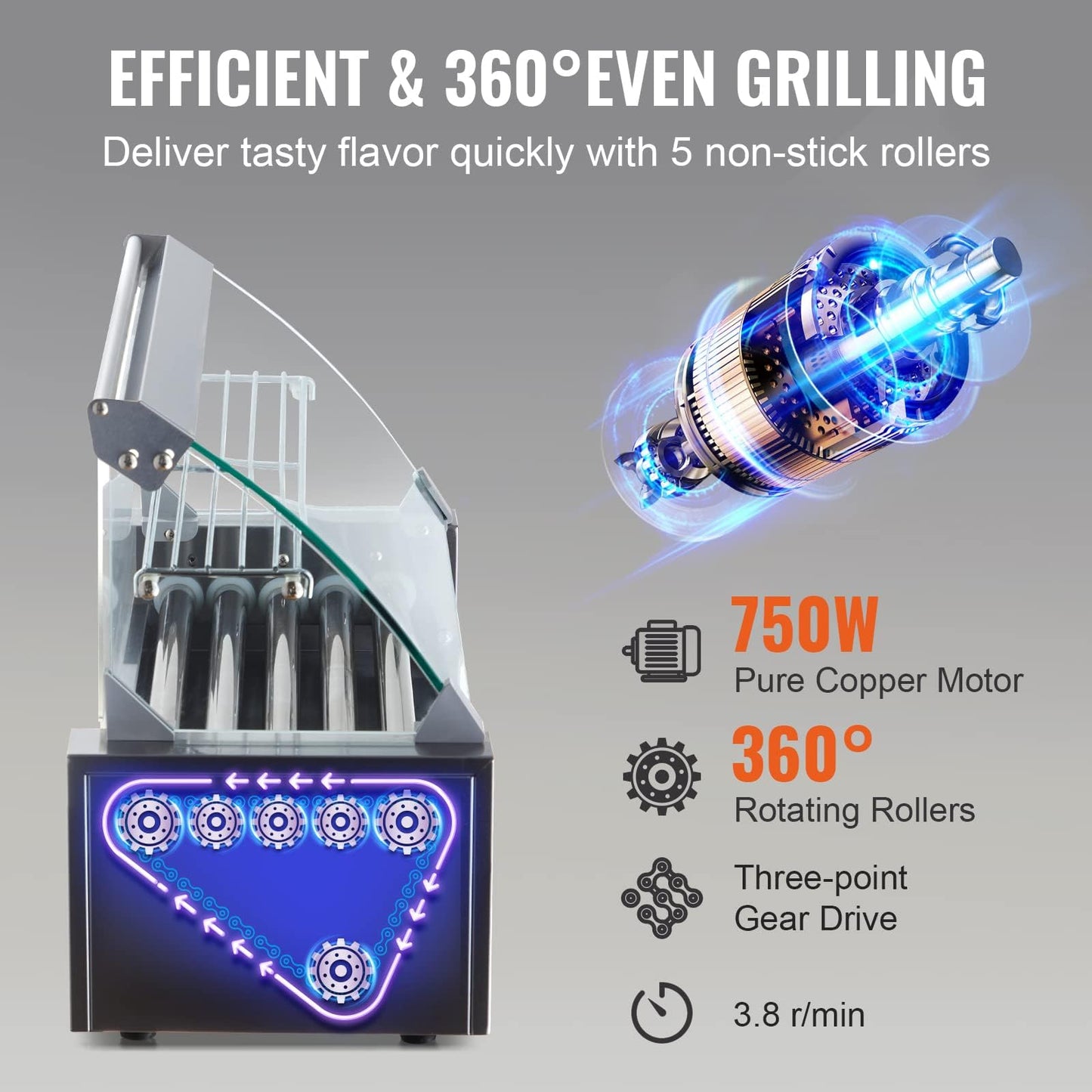 VEVOR Hot Dog Roller, 12 Hot Dog Capacity 5 Rollers, 750W Stainless Steel Cook Warmer Machine with Cover & Dual Temp Control, LED Light & Detachable Drip Tray, Sausage Grill Cooker