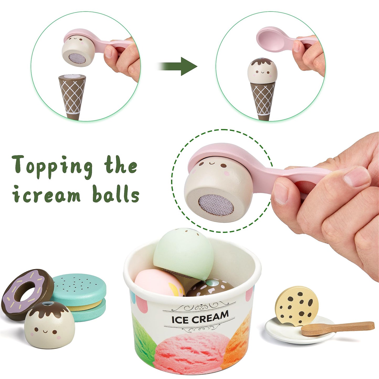 Wooden Ice Cream Toy, 3-in-1 Ice Cream Counter with Coffee Maker 28 PCS Toddler Pretend Play Kitchen Accessories Wooden Toys for 3 4 5 6 Year Old Girl or Boy (Ice Cream)