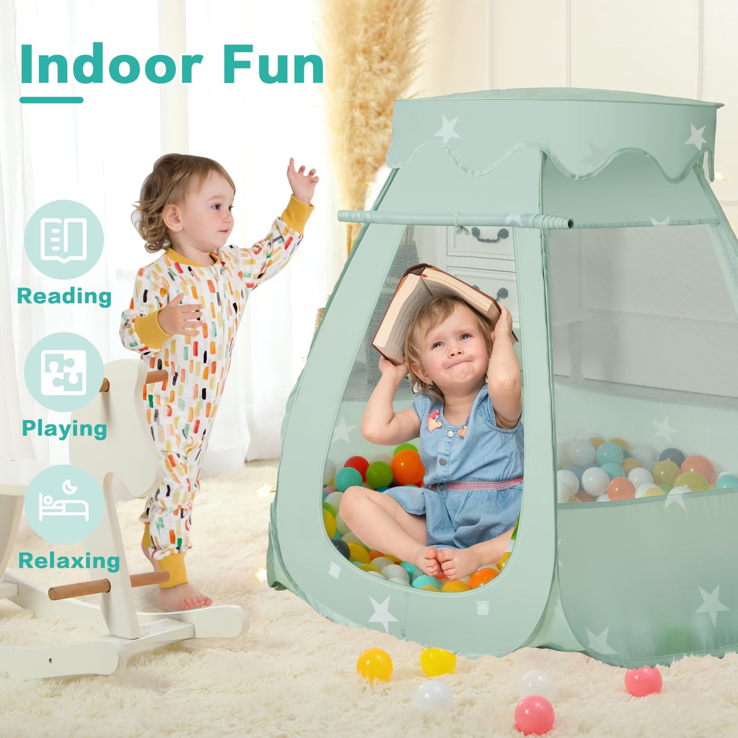 Baby Ball Pit for Toddler: with Star Lights - Pop Up Princess Play Tent for Kids - Indoor Outdoor Baby Girl Toys Birthday Gifts - NO Balls (Grayish Green Tent)