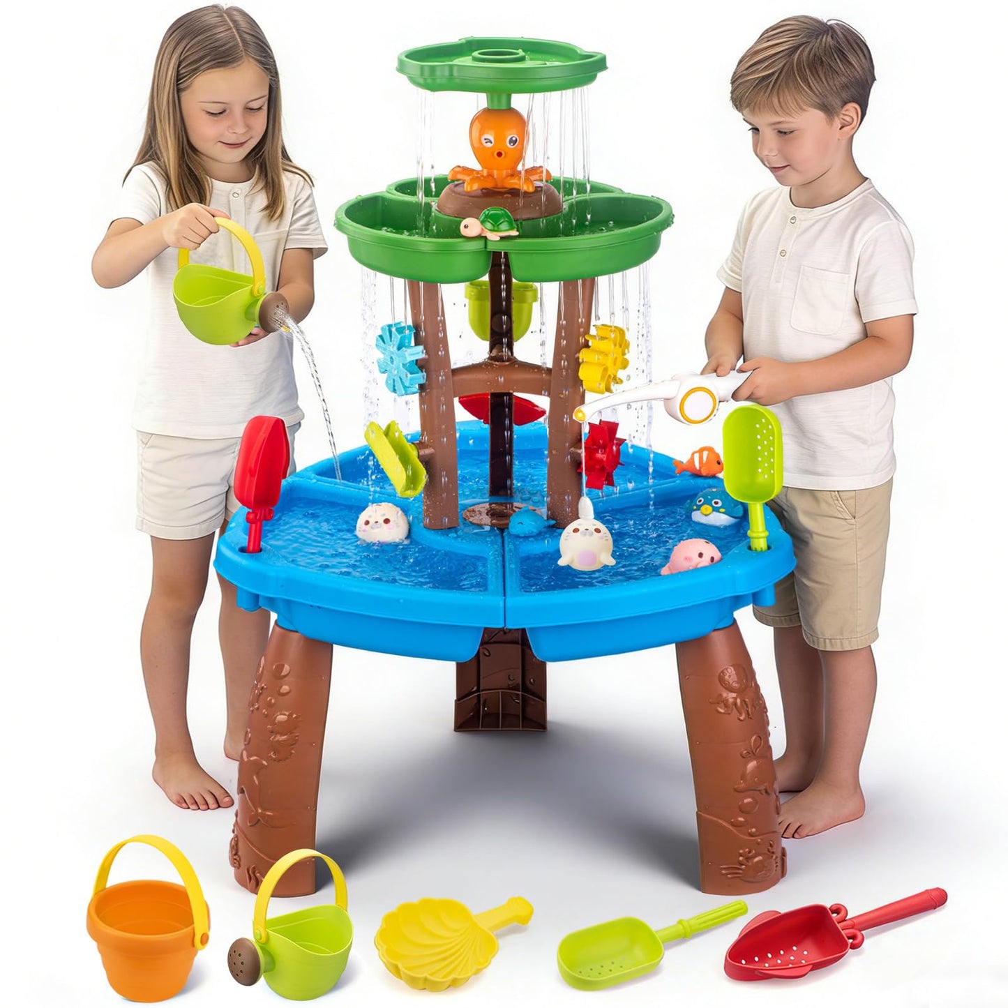 VROGTIK Water Table for Toddlers with Fishing Game Set 3-Tier Kids Sand Water Table Sensory Outdoor Toys for Kids Ages 4-8 Summer Beach Outside Toys Backyard for Kids Toddlers Age 3 4 5 6 7 8 9 10