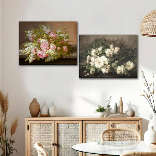 Vintage Floral Wall Art Set of 2, Framed Canvas Prints With Pink Peonies and White Blossoms Botanical Flower Wall Art Paintings for Living Room Bedroom Farmhouse or Cottagecore Decor 12x16 Inch