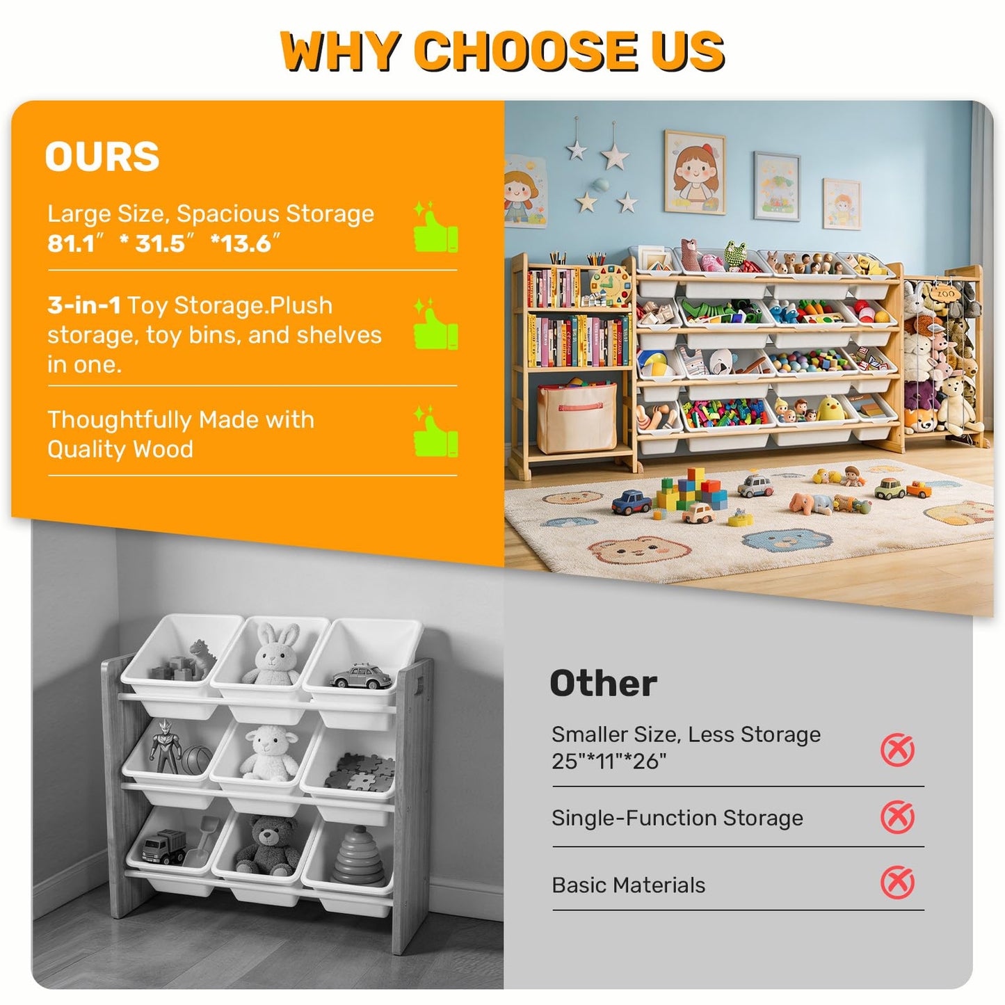 Yazzropt 81" Large Toy Storage Organizer with Bins Shelves & Stuffed Animal Storage for Kids Wood Toddler Playroom Organization with Bookshelf Toys Box Wooden Organizers for Kids Room Nursery Bedroom