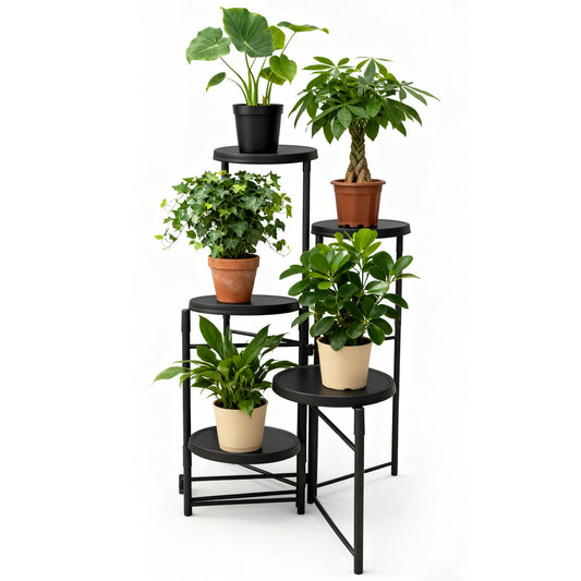 5 Tier Metal Plant Stand Indoor Outdoor for Black Multiple Plants Holder, Rotatable Corner Foldable Tall Plant Stand, Tiered Flower Pot Holder, for Living Room Patio Garden Balcony Home Decor (Black)