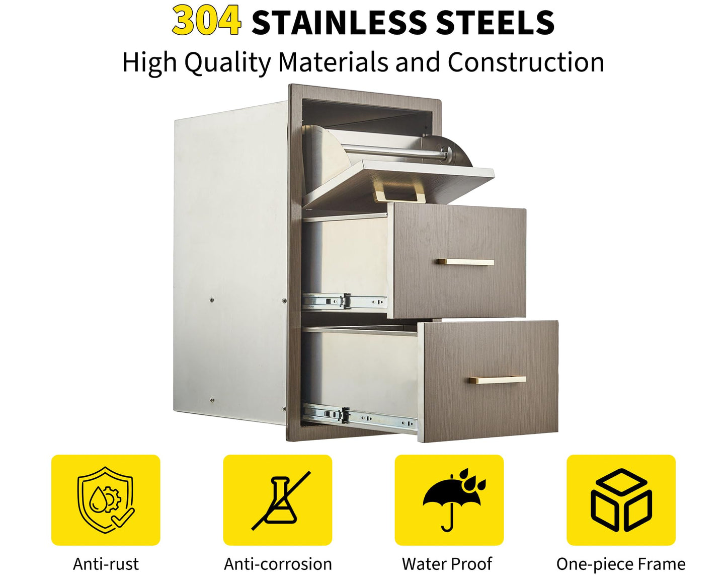GAOMON Outdoor Kitchen Drawers 17" W x 30" H x 21" D, Flush Mount Triple BBQ Drawers with Stainless Steel Handle, Paper Towel Holder Combo for BBQ Island, Patio Grill Station