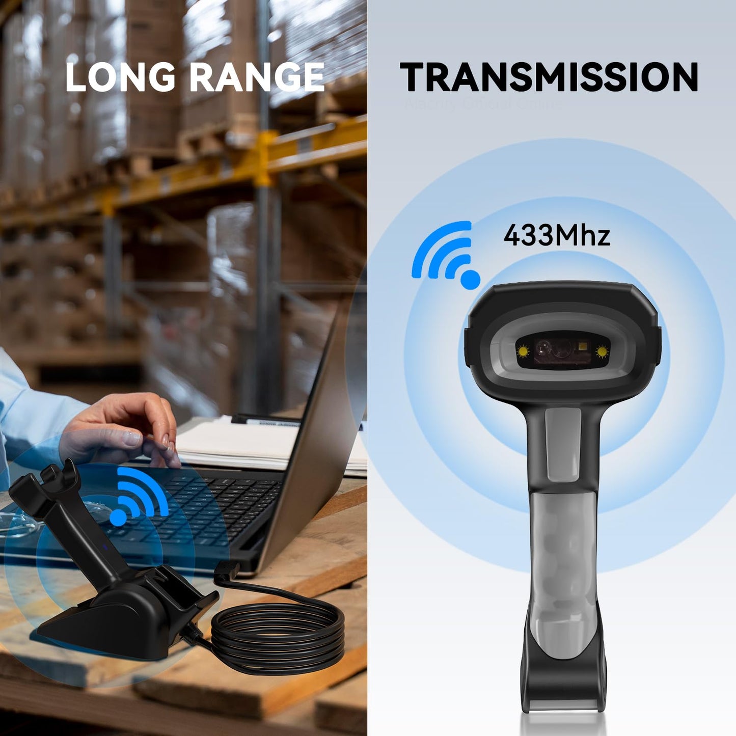 Alacrity Long-Range Scanning Industrial Barcode Scanner, 1D/2D Symbologies, Wireless Charging, Long-Distance 433MHz Wireless & Bluetooth Connectivity, Shock and Dust-Proof Barcode Reader, Green