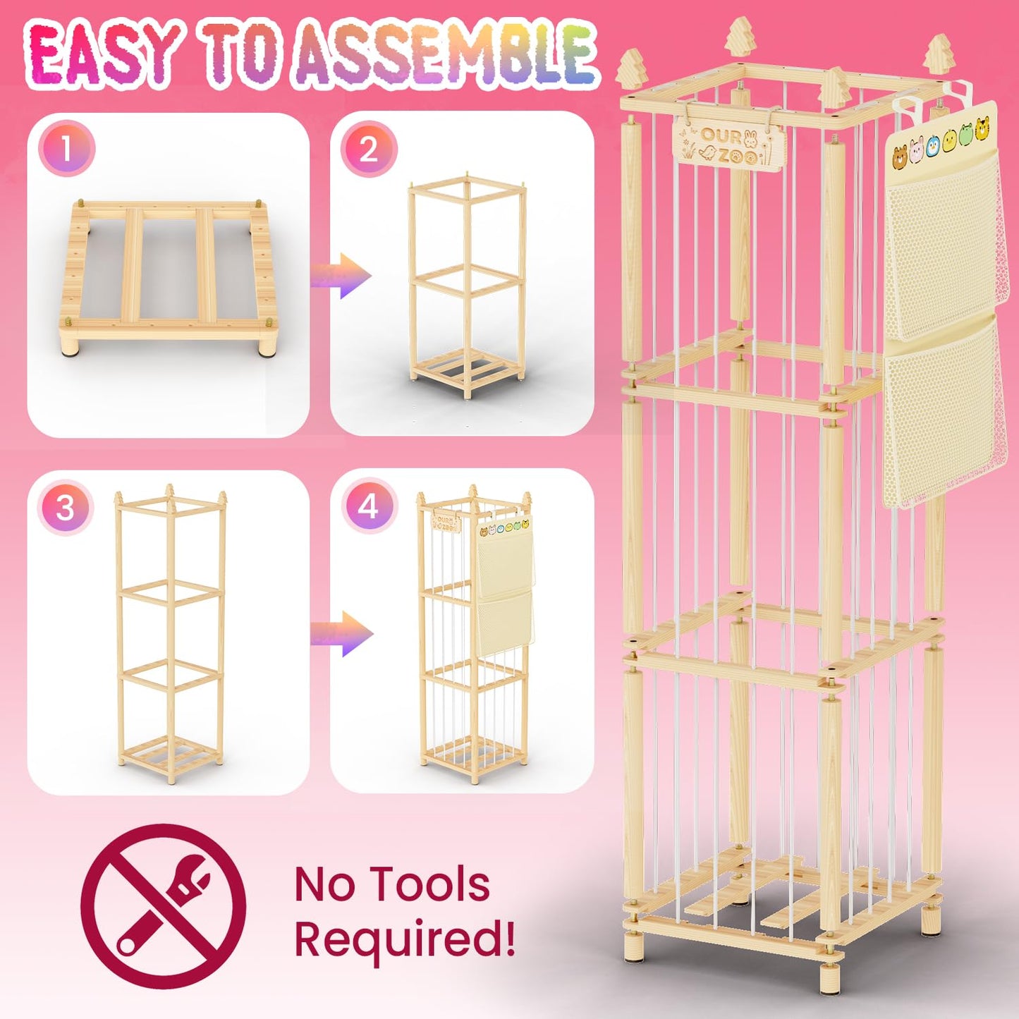 ZEQON Stuffed Animal Storage - Large Wooden Toy Storage Organizer with 1 Removable Hanging Storage Net, Plush Toy Organizer for Kids' Rooms, Bedroom, Playroom or Nurseries