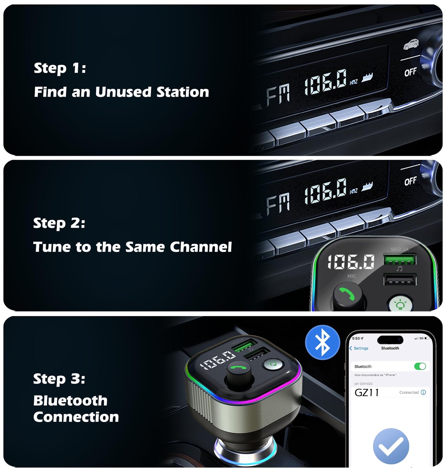 LIHAN Bluetooth 5.4 Car Adapter, Transmitter for FM Radio,65W Retractable USB C Fast Car Charger, Wireless Audio Hands Free Calling & MP3 Music Player, HiFi Bass Support USB Drive