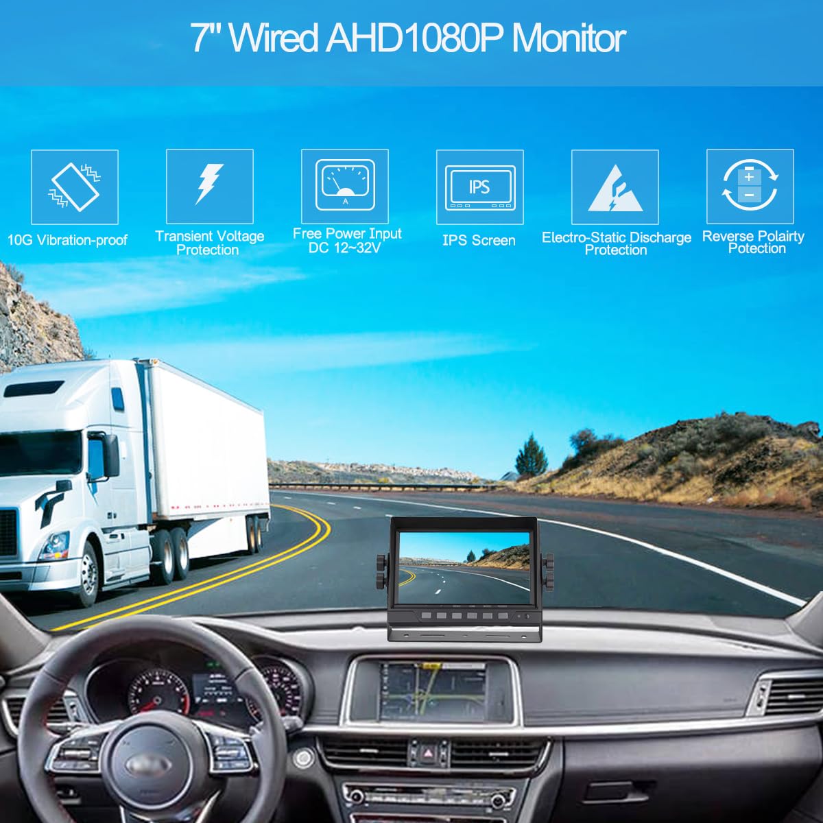 AHD 1080P 7" Reverse Rear View Backup Dual Twin Lens Camera System, Point Each Lens in a Different Direction, IR, Waterproof, 10G Vibration-proof for Tractor/Truck/Camper/Caravan/Skid Steer/Harvester