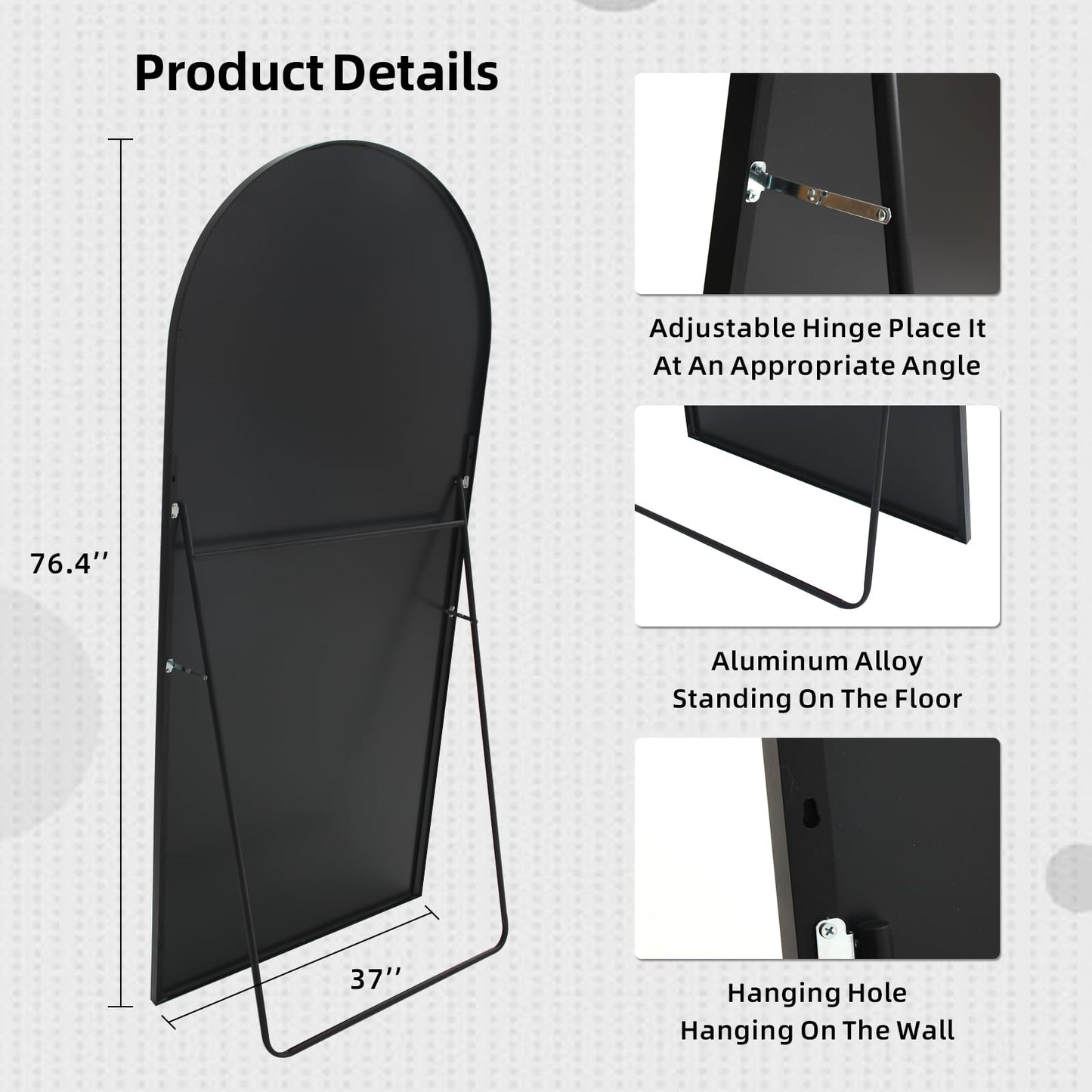 LFT HUIMEI2Y 76.4"x37" Arch Full Length Mirror, Large Floor Full Body Tempered Mirror with Aluminum Alloy Frame for Living Room, Bedroom, Gym, Stand or Leaning Wall-Mounted, Black