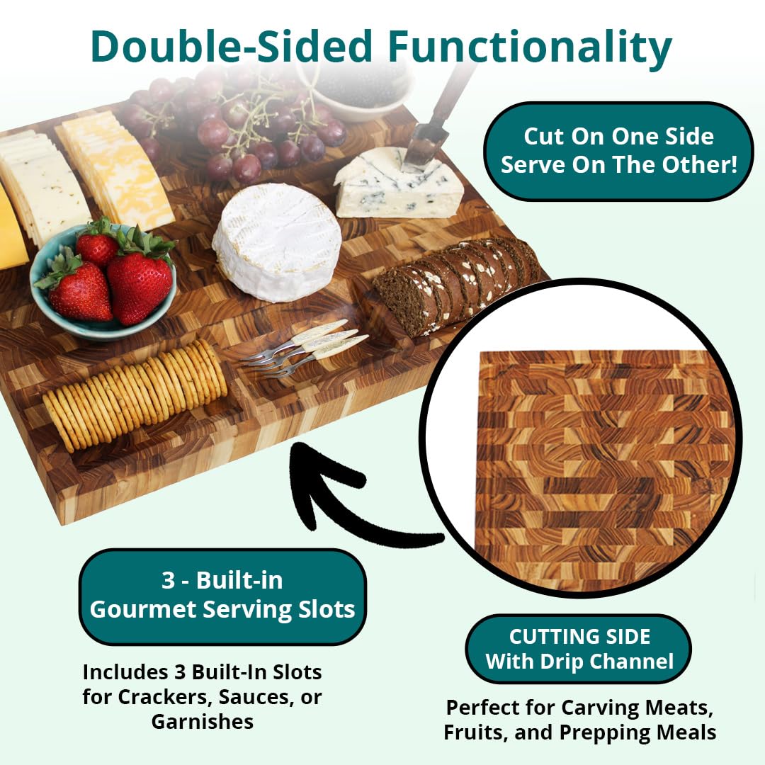 EcoDecors FSC Certified Solid Teak Wood Cutting Board 24x18, Large End Grain Butcher Block with Juice Groove, Side Handles, Charcuterie Slots, Reversible
