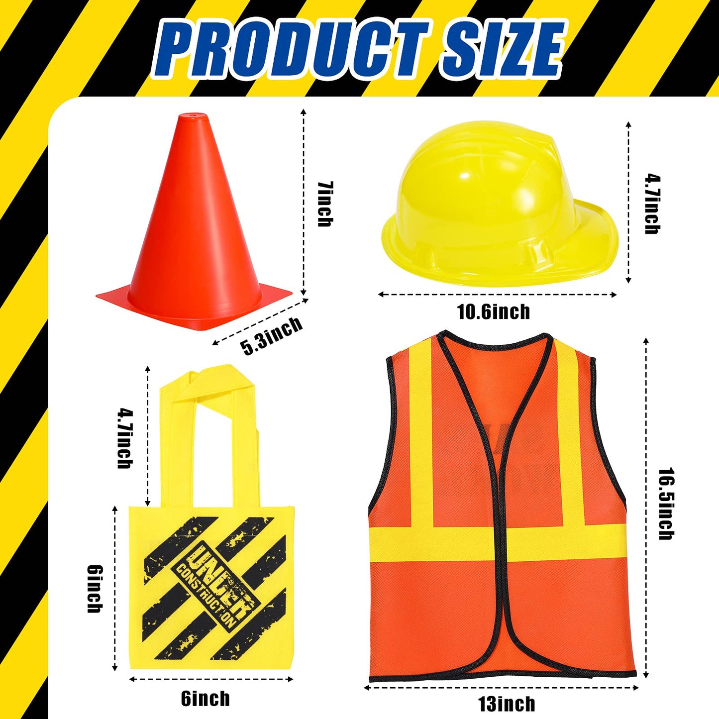 Gejoy 48 Pcs Kids Construction Birthday Party Supplies Kids Construction Hats and Vests Worker Costume Role Play Tote Bag and Traffic Cones for Excavator Dress up Cosplay Party Decorations