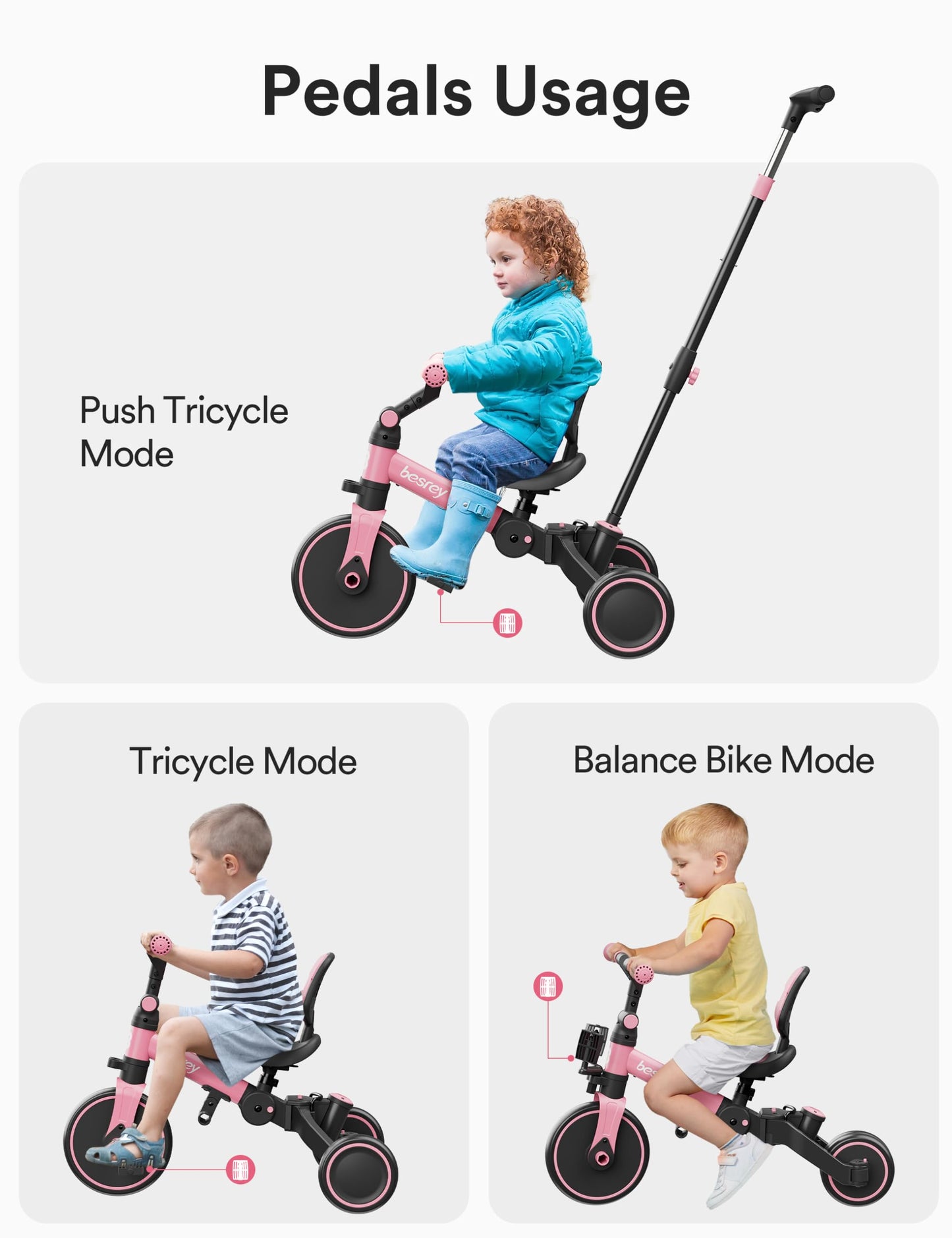 besrey 4 in 1 Toddler Bike, Toddler Tricycle for 1-3 Year Old, Trike with Push Handle, Backrest and Safety Belt, Birthday Gifts and Toys for Boys and Girls, Balance Bike