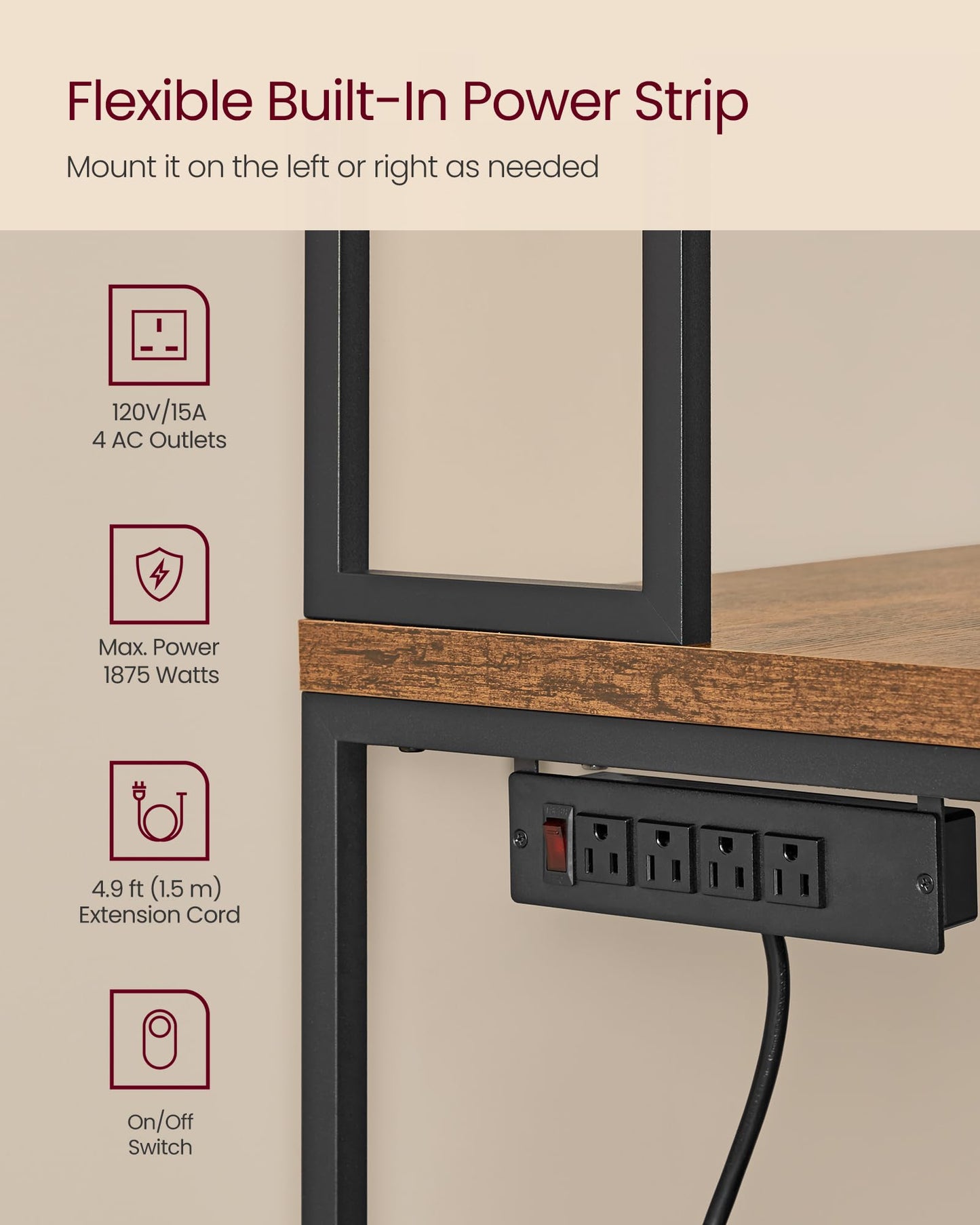 VASAGLE Kitchen Bakers Rack with Power Outlet, Coffee Bar with 35.4-Inch High Worktop, Microwave Stand with 8 Hooks, 15.7 x 31.5 x 66.9 Inches, Rustic Brown and Ink Black UKKS059K01