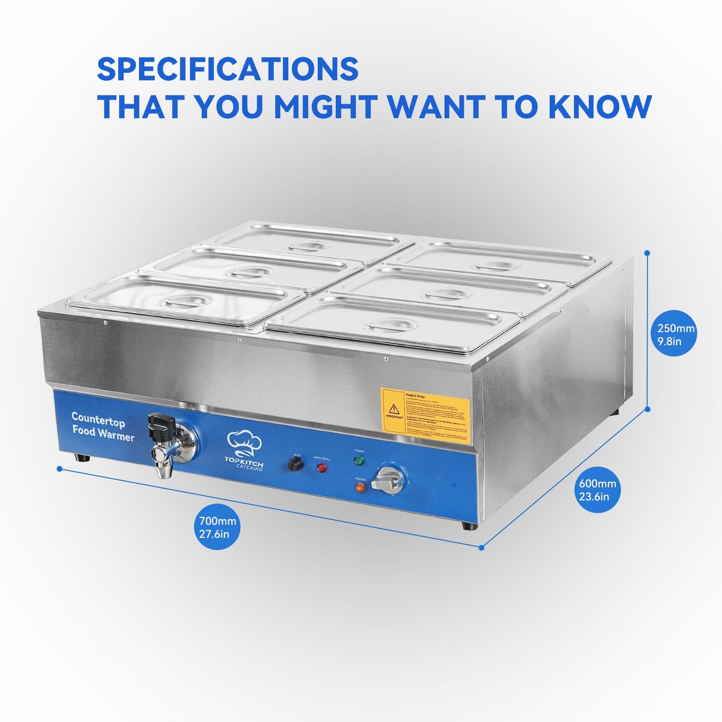 TOPKITCH 6 Pan Commercial Food Warmer, Electric Bain Marie Countertop Stainless Steel Buffet Steam Table for Catering and Restaurants(6×1/3 GN Pan,120V/1700W)