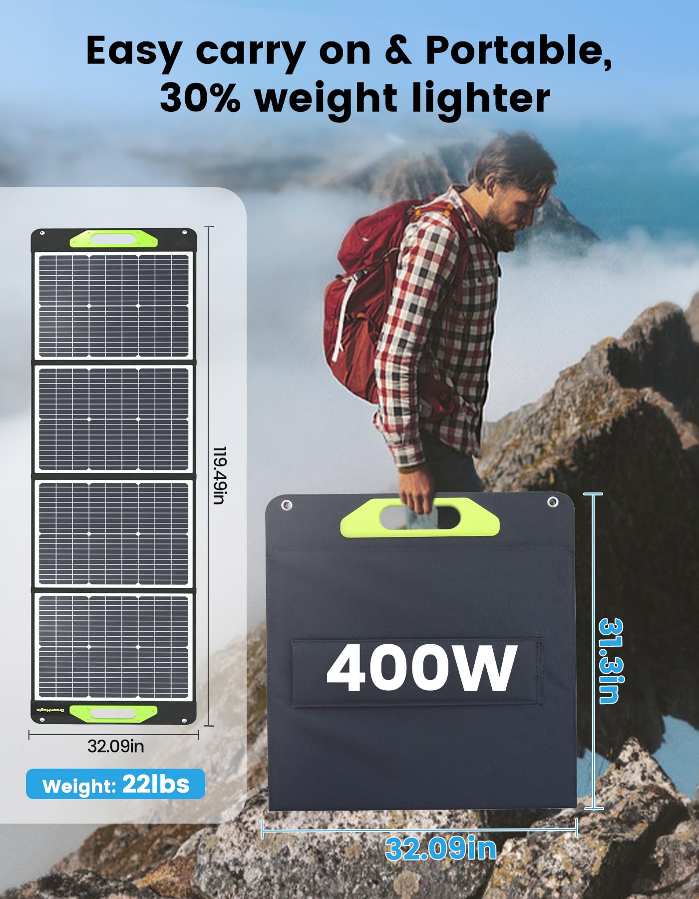 800W Portable Solar Panel, 2pcs 400W Portable Solar Panels 39V, 23% Efficiency Foldable IP67 Waterproof Adjustable Kickstands, Off-Grid Power Smart Sunlight Alignment via Suncast, for Camping, RV