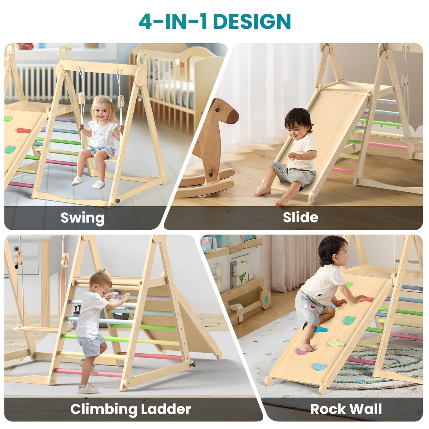 BlueWood 4 in 1 Indoor Jungle Gym, Foldable Wooden Climbing Set with Swing, Slide, Ladder and Climbing Wall, Montessori Philosophy Climber Playset for Kids Aged 2+ (Rainbow)