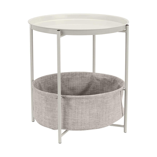 Amazon Basics Round Storage End Table, Nightstand with Cloth Basket, Bedside Table, White/Heather Gray, 17.7" L x 17.7" W x 18.9" H