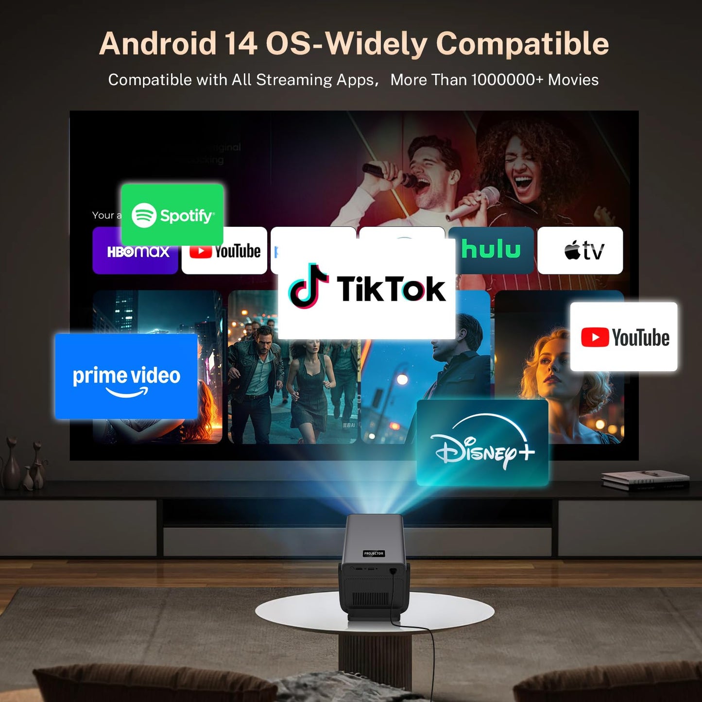 [2000 ANSI/AI Visual Calibration/4K Support] X7 Native 1080P Smart Projector with Android 14 OS, Portable Movie Projector for Bedroom & Outdoor, AI Auto Focus & Keystone Black & Slate Gray Gold