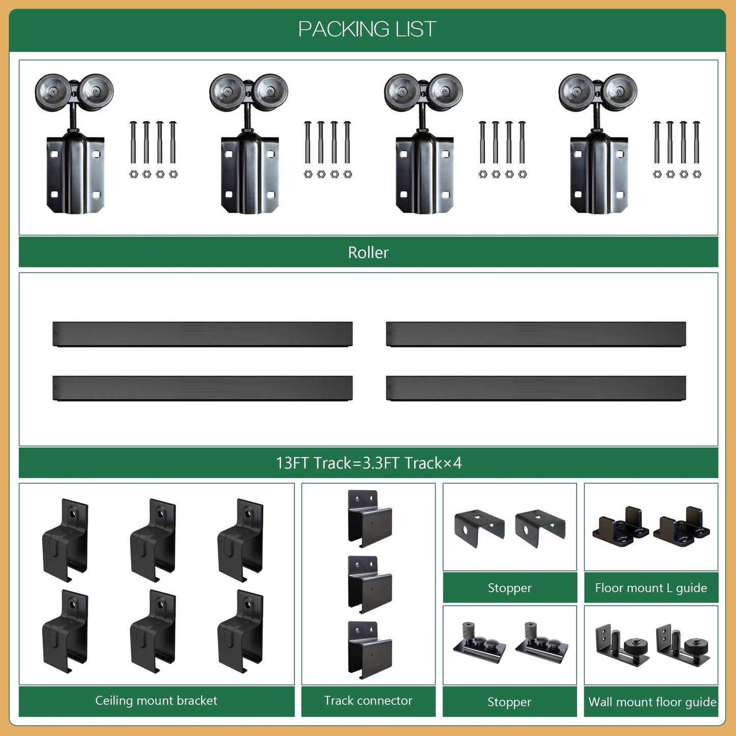 13FT Double Door Industrial Grade Black Double Door Track Kit for Exterior Sliding Barn Doors Heavy Duty Box Rail, Wall Mounted, Max Load 300lbs (Hardware Only,No Door)
