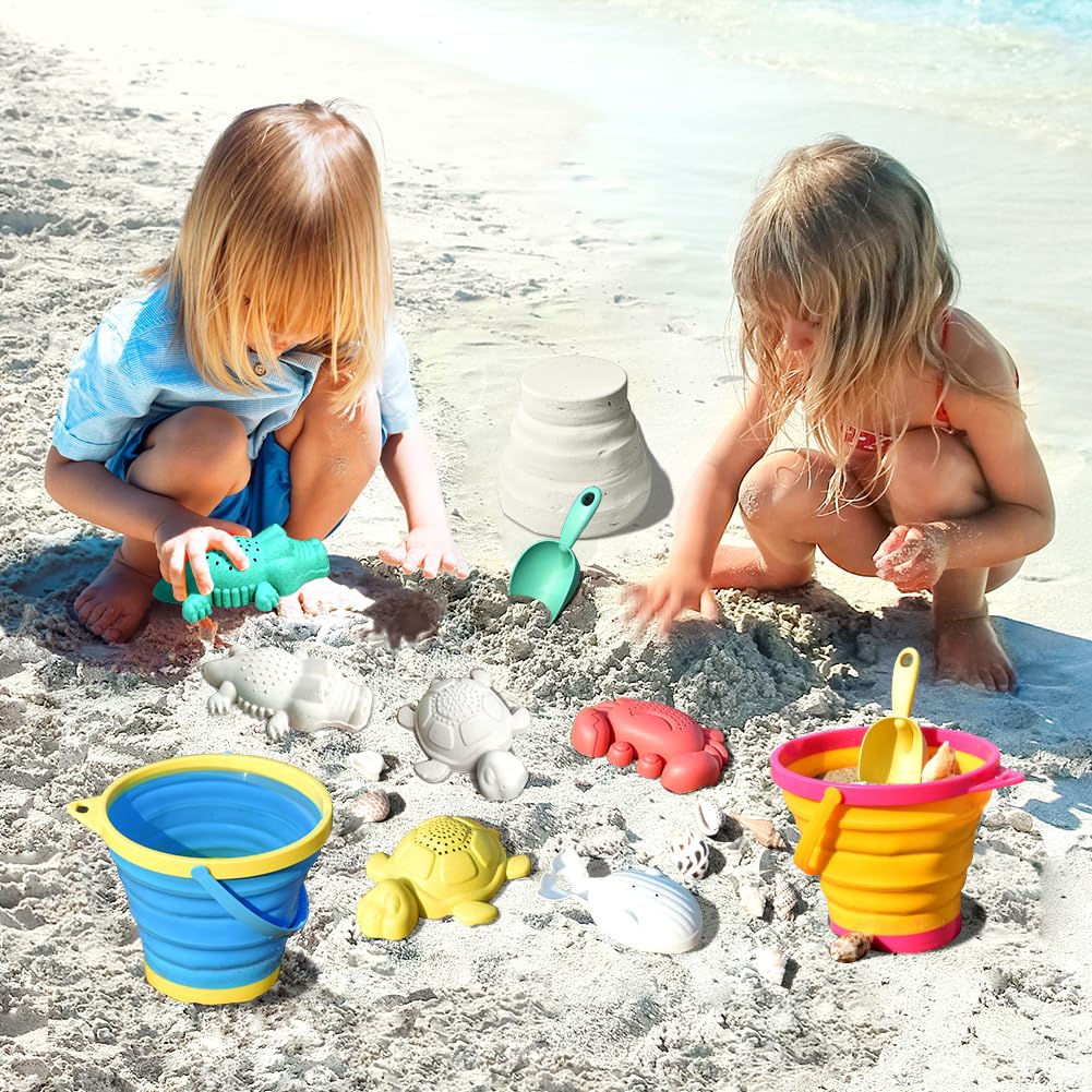 Aclarastra Collapsible Beach Toys for Kids Toddlers, Collapsible Sand Buckets Shovels Set with Mesh Bags and Sand Molds, Foldable Travel Sand Toys for Beach Sandbox Toys for Kids