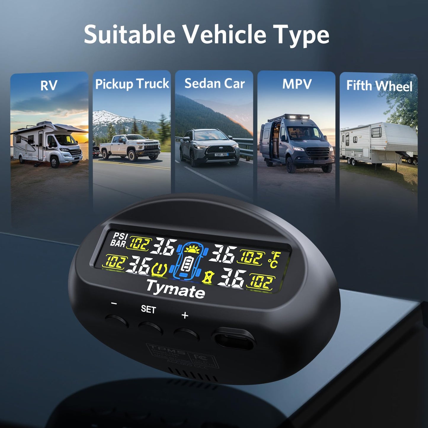 Tymate TM9 Tire Pressure Monitoring System, Compact Wireless Solar TPMS with 4 External Sensors & 6 Alarm Modes, Install on Windshield, Colorful Display, Ideal for RV SUV MPV Truck Sedan (0-87 PSI)
