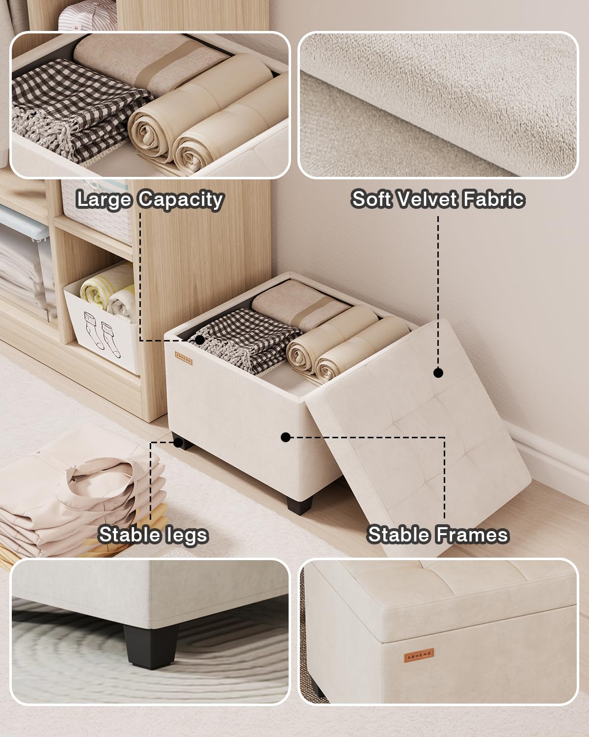 ABHENG Velvet Cover Steel Frame Ottoman with 48L Storage,17.7" x 17.7" x 17.7" Square Linen Storage Ottoman Stool Cube with Legs,for Dorm Livingroom White UASND64W