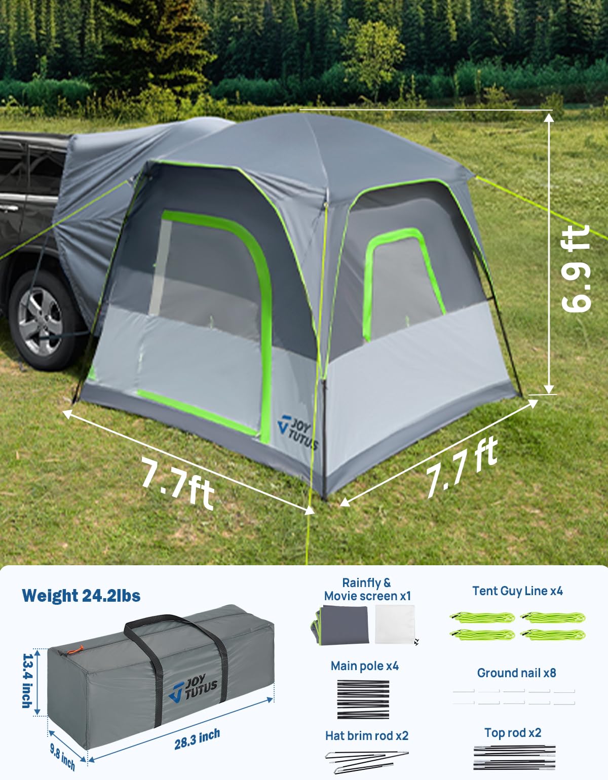 JOYTUTUS Dual-Use SUV Tent, SUV Tents for Camping with Rainfly, Strong Four Steel Frame Poles, 4-6 Person Car Tent with Ventilated Double Door Design, Movie Screen, Fit for SUV CUV Van