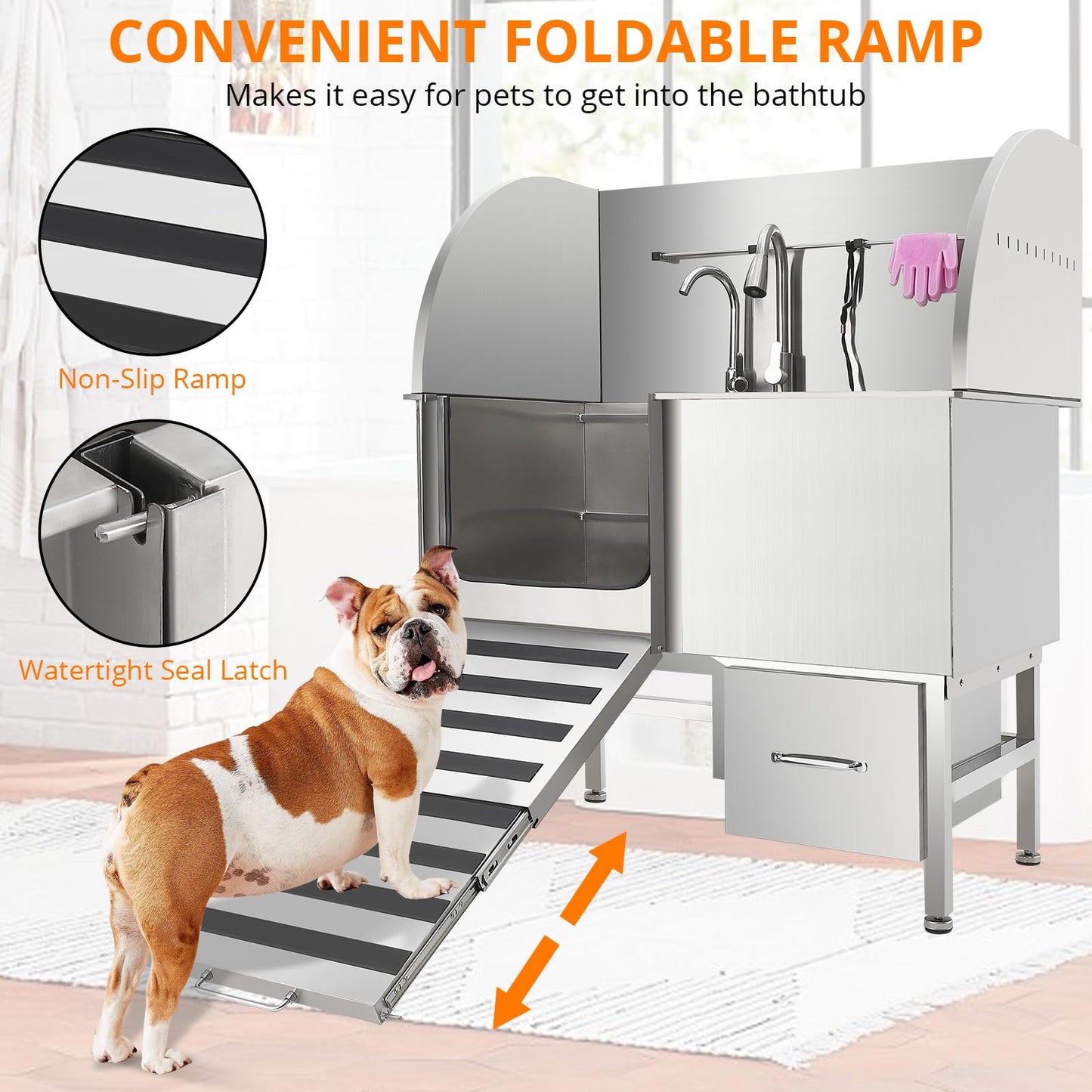 ActiveTrail Professional Stainless Steel Dog Grooming Tub, Collapsible Ramp, Storage Drawer, Pull-Out Faucet, Floor Grate, Dog Washing Station for Large, Medium, Small Pets, Left Door, 50 inch
