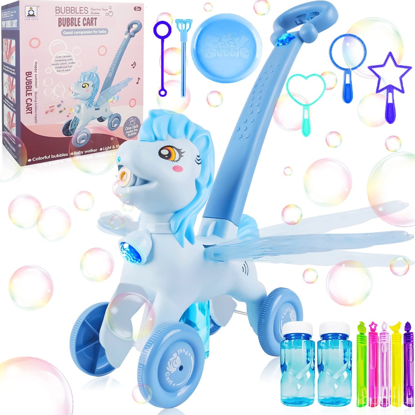 Bubble Machine Blower Blaster Lawn Mower Maker Blue Toy Fun Portable Handheld Operate Automatic Battery Electric Outdoor Summer Birthday Best Gift Light for Toddler Boy Girl Kid 1 2 3+ Year Old