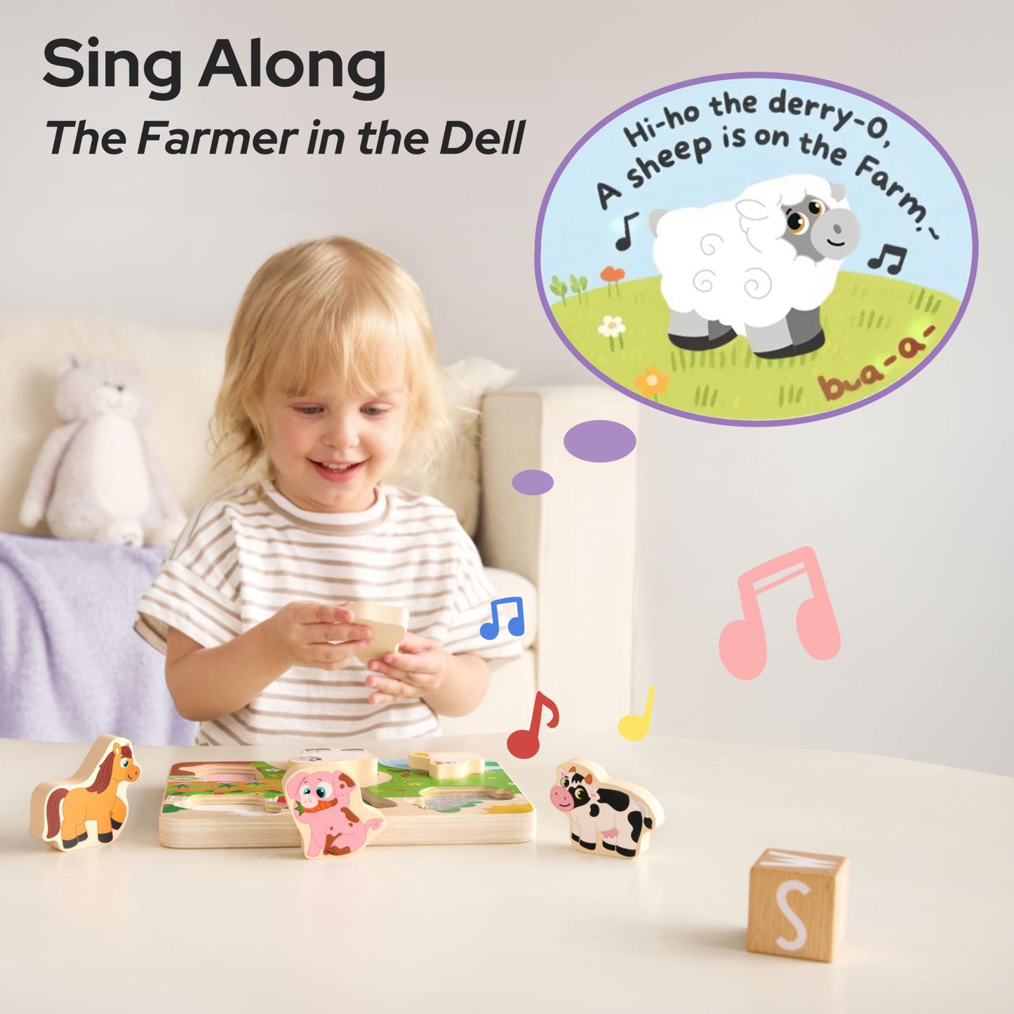lalalark Montessori Toys for 1 2 3 Year Old Boy Girl, Wooden Sorting & Stacking Toys, Shape Sorter Baby Toy, Tactile & Sound Wooden Chunky Puzzles for Baby 2-4, Musical Farm Animal Toys