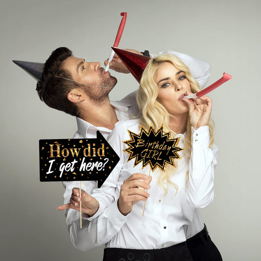 Outus 24 Pieces Photo Booth Props Birthday with Stick Happy Birthday Weddings Graduation Prom Bday Wedding New Year Party Supplies Funny Photo Booth Pose Signs Selfie for Men Women(White, Gold)