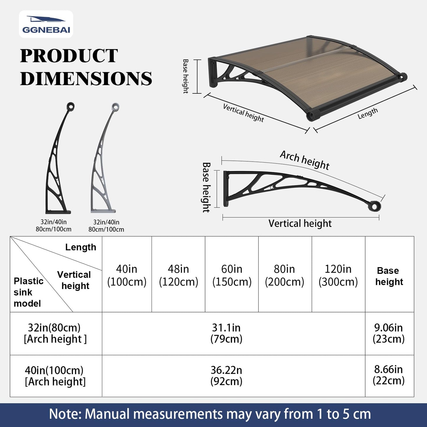 Awning for Door Entrance with Drainage Sink,32x120 Inch Awnings for Doors,Window Canopy Exterior with Plastic Steel Bracket,Polycarbonate Cover,UV,Rain,Snow Protection for House,Porch,Patio,Deck