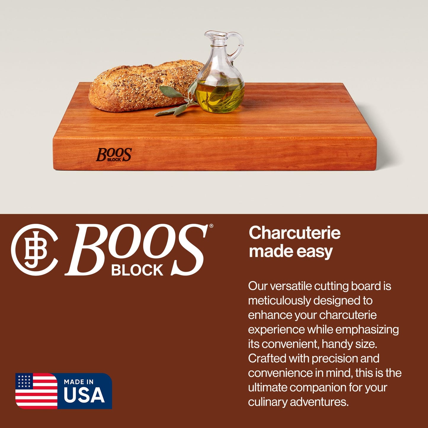 John Boos RA-Board Series Rectangular Wooden Cherry Cutting Board 20”x15” – 2.25” Thick, 20-lb Reversible Butcher Block with Edge-Grain & Finger Grips – Made in the USA
