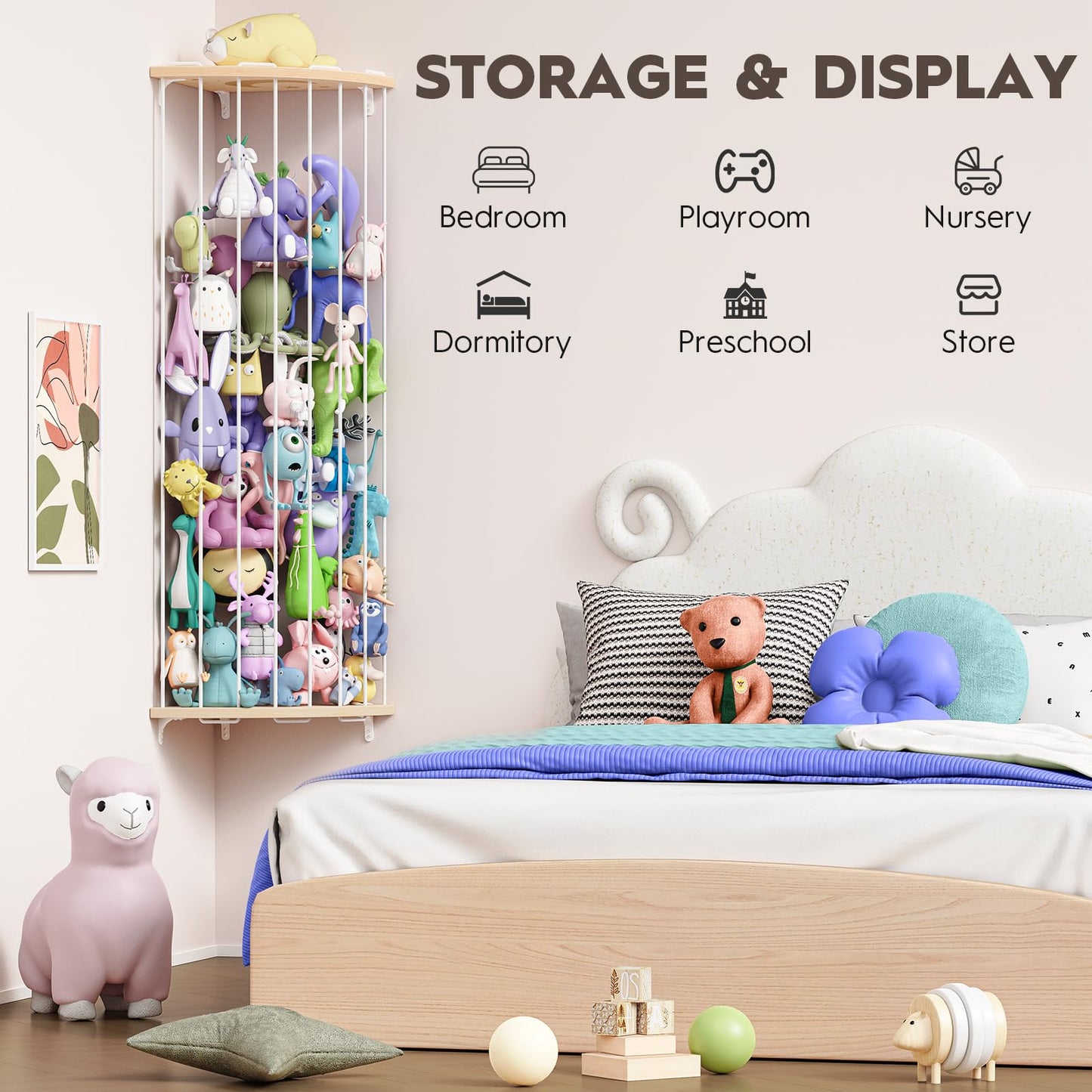 Zayysoha Corner Stuffed Animal Storage Zoo, Large Adjustable Solid Wood Plush Toy Organizer, Hanging Stuffie Holder Shelf & Cage with Engraved Dinosaur Star Moon for Kids Nursery Playroom