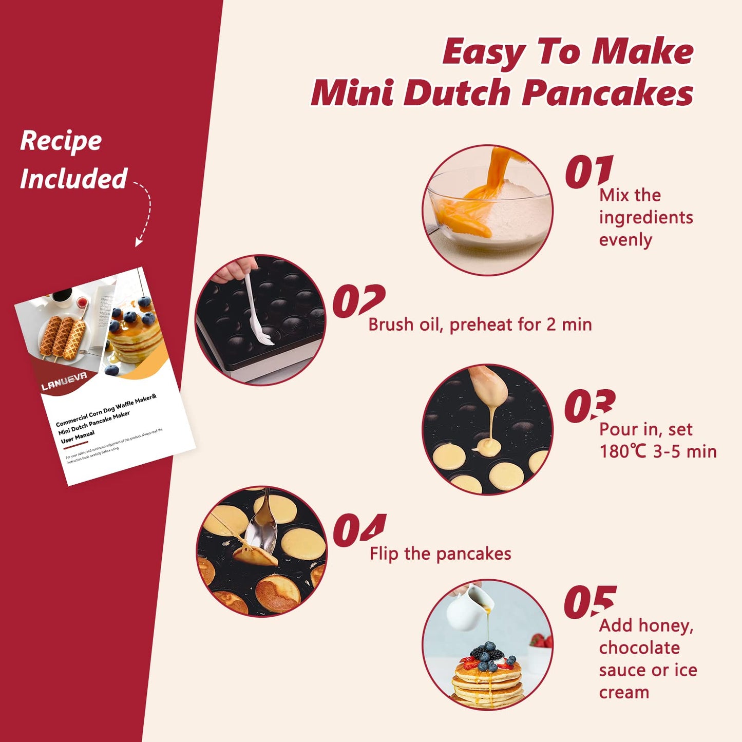 LANUEVA Mini Dutch Pancake Maker with Recipe, 50pcs 1.6" Electric Pancake Maker Machine Non-Stick Coating, Stainless Steel, Fast Heating, Home & Commercial Use (110V)