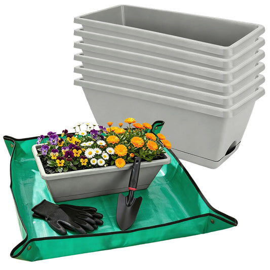 7 Pack Outdoor Planters, Plastic Rectangular Flower Pots with Saucers and Gardening Tools, 17 Inches for Indoor/Outdoor Plants, Herbs, Vegetables, Includes Trowel, Waterproof Mat & Gloves(Offwhite)