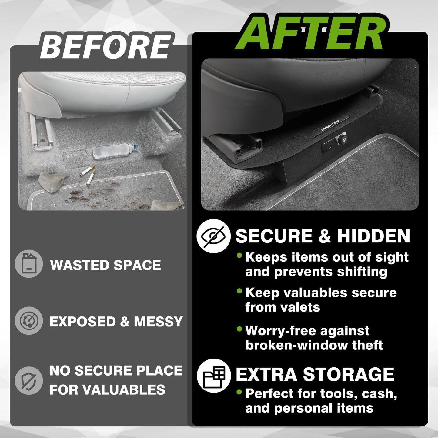 VaultsOnWheels for 2026+ Tesla New Model Y Juniper Front Seat Safe Vault Patented Design Gun Safe Box Driver/Passenger Side Drawer LockBox Anti-Theft Biometric Fingerprint Lock